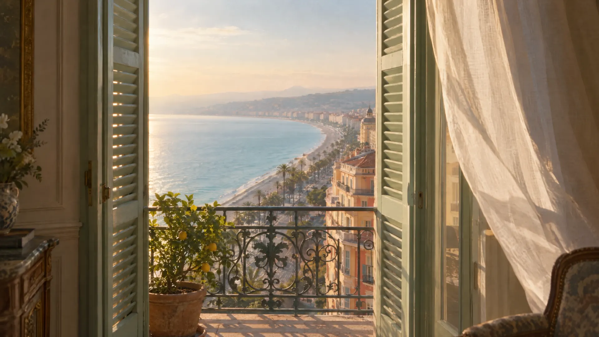 The Baie des Anges in Nice, seen from a window with open shutters